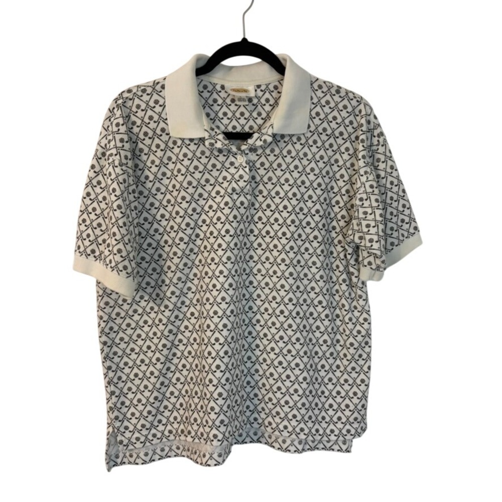 Talbots White Golf Club Print Polo Shirt Short Sleeve Cotton Pique Womens L